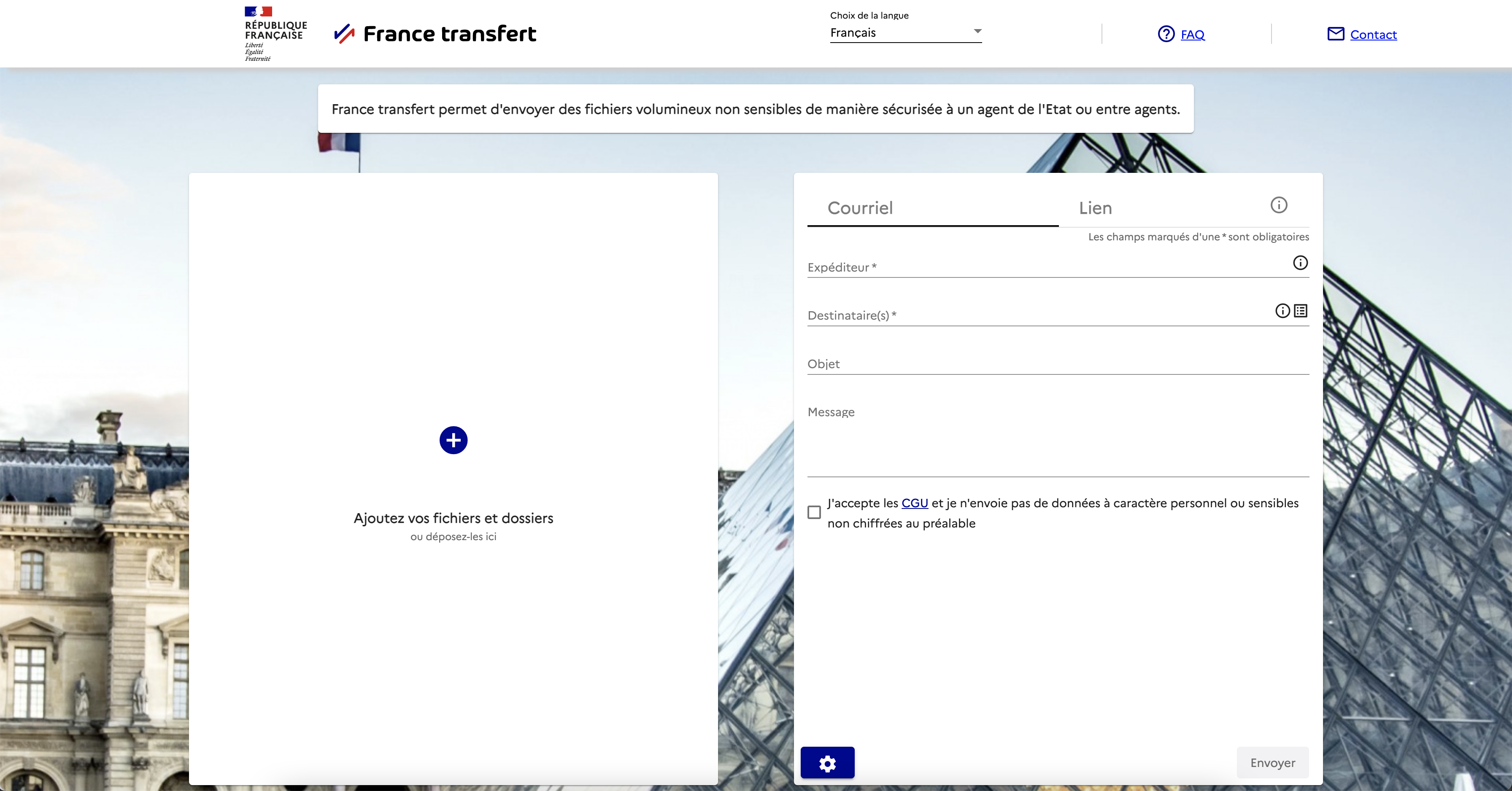 Capture écran de la page d'accueil de francetransfert.numerique.gouv.fr