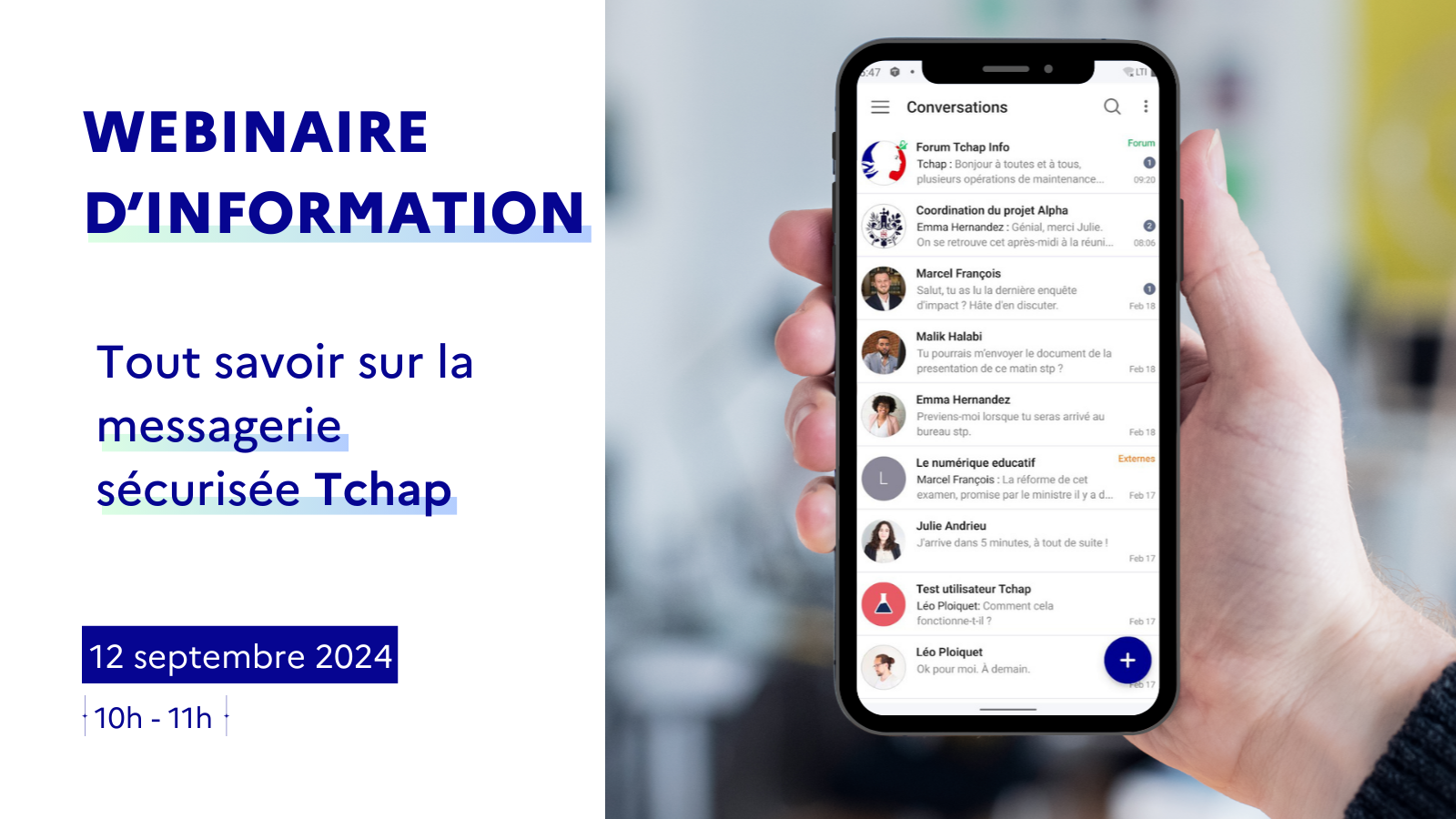 Agents publics, rejoignez la communauté Tchap, la messagerie instantanée sécurisée de l'Etat. - Ouverte à tous - Disponible sur mobile, tablette et web - Annuaire intégré des agents publics - Centralisation des échanges - Application souveraine et échanges sécurisés